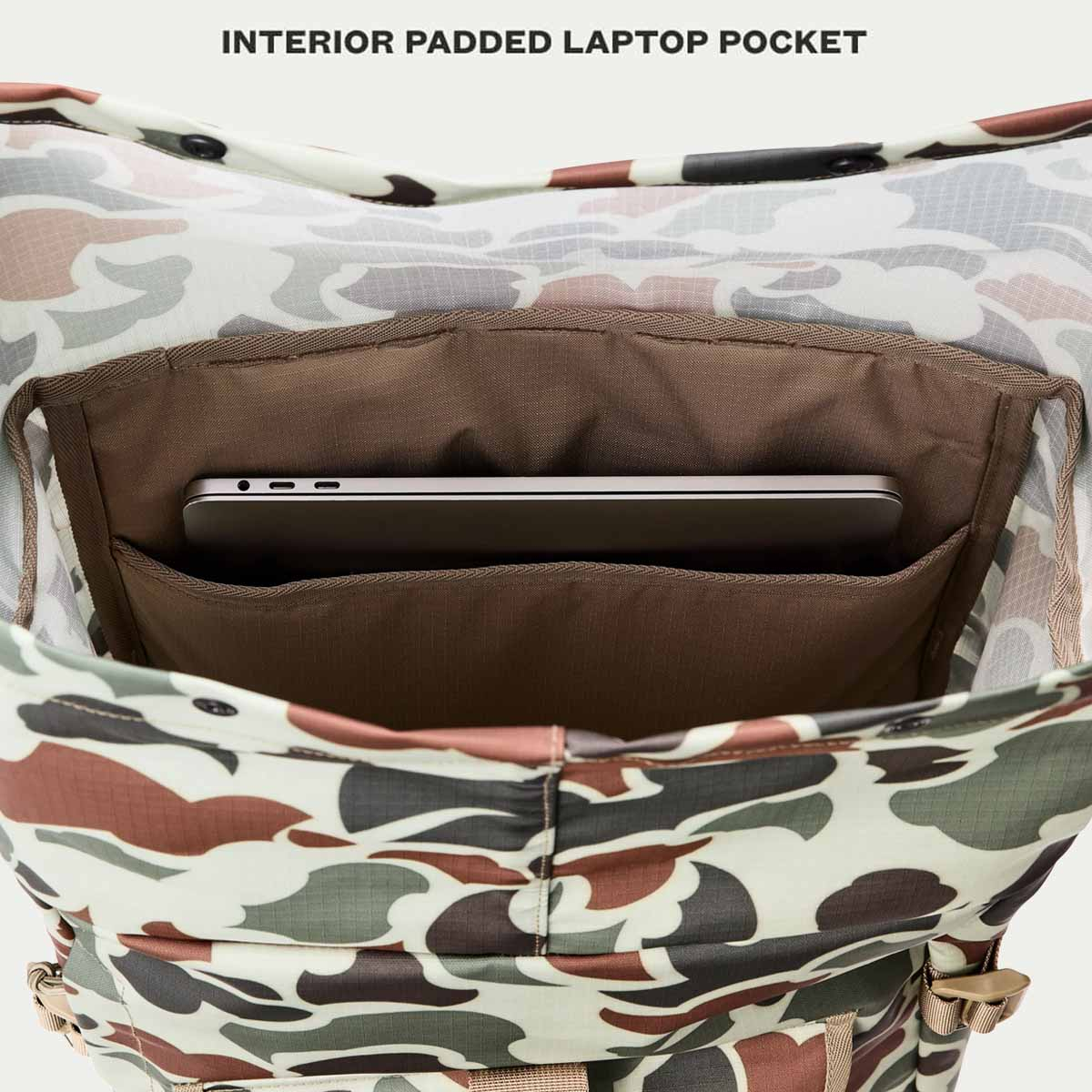 Filson All-Weather Backpack Shrub Camo/Canteen/Covert, eigenschappen uitgelegd binnenkant