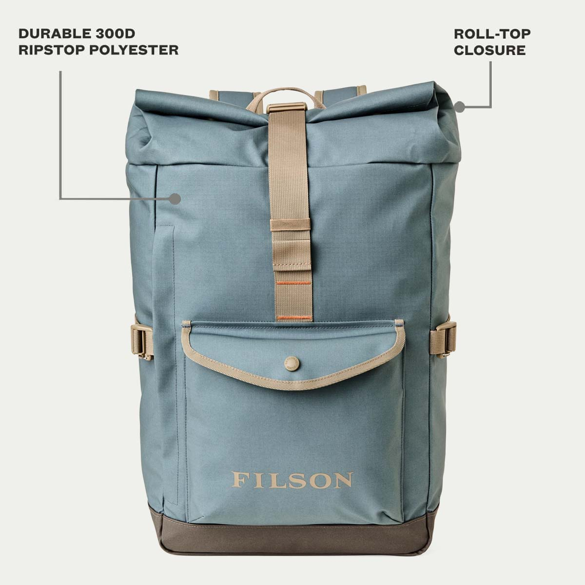 Filson Scout Backpack Slate/Canteen/Covert, eigenschappen uitgelegd voorkant