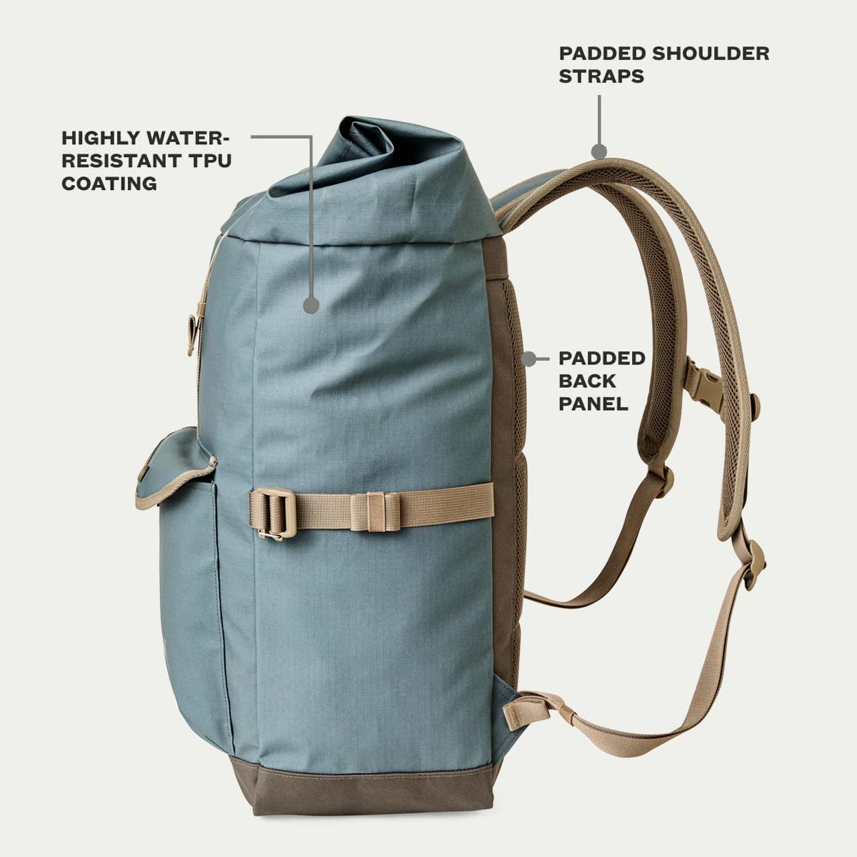 Filson Scout Backpack Slate/Canteen/Covert, eigenschappen uitgelegd zijkant