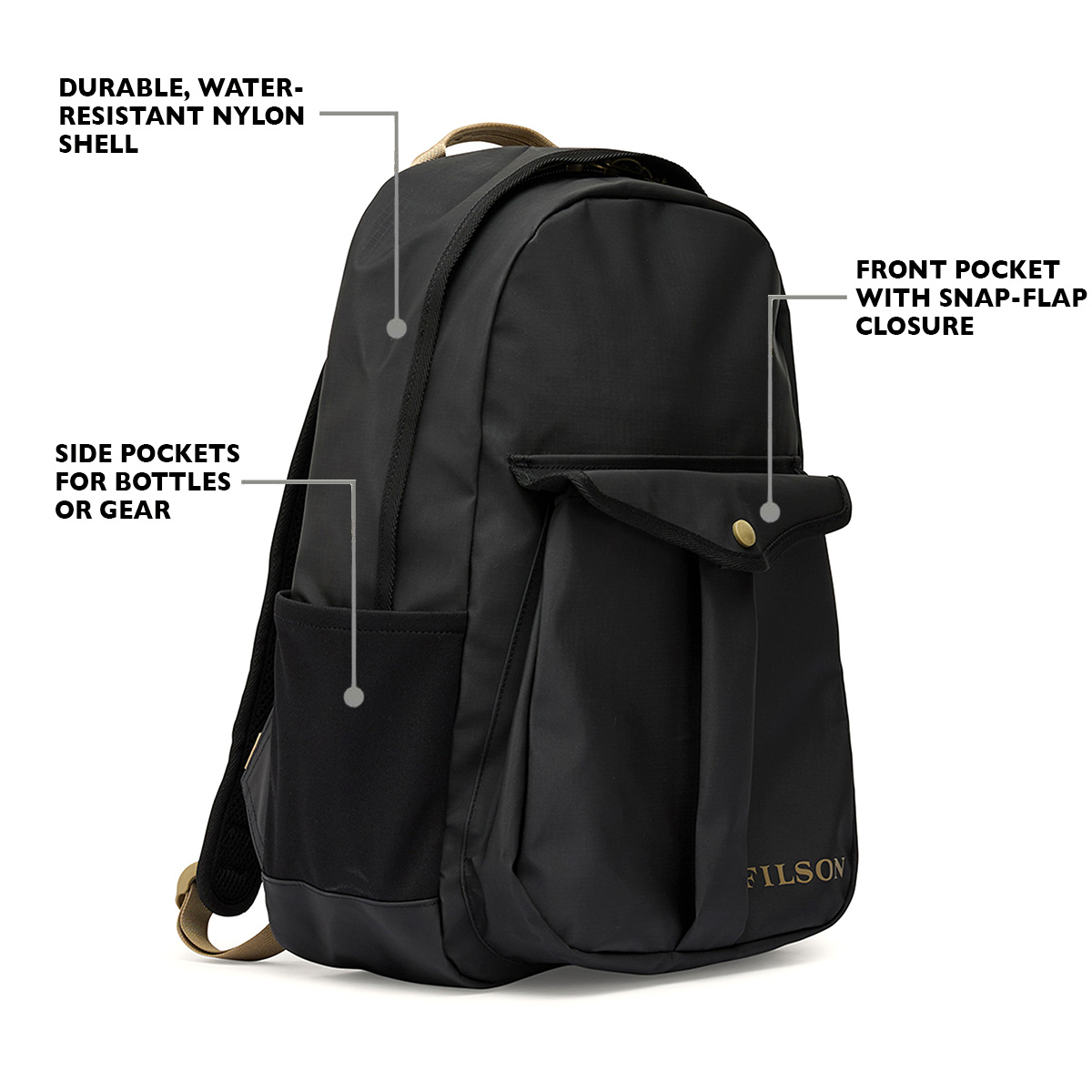 Filson Scout Journeyman Backpack Black/Covert, eigenschappen uitgelegd voorkant