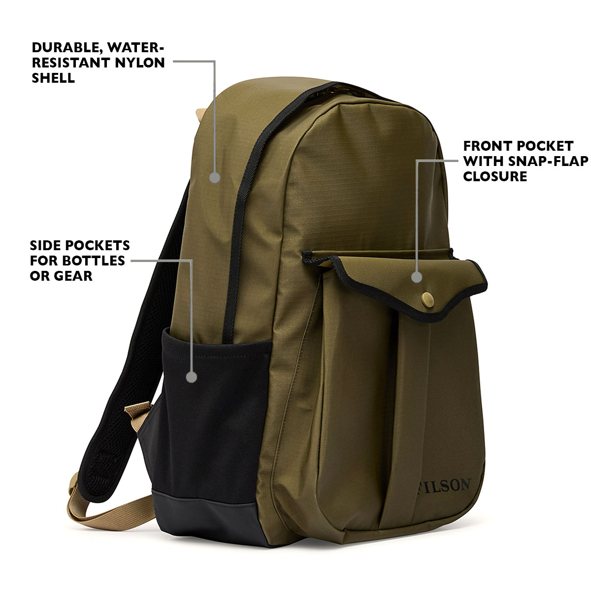 Filson Scout Journeyman Backpack Olive/Black/Covert, eigenschappen uitgelegd voorkant