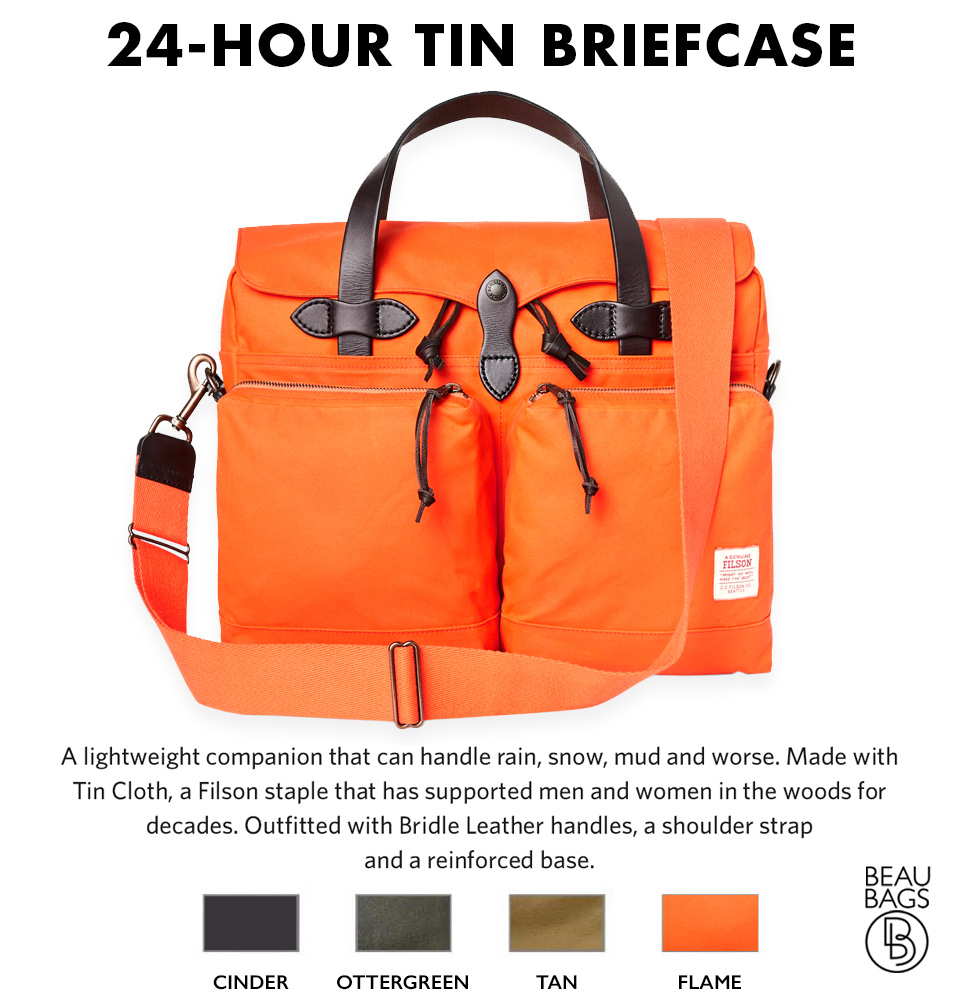 Filson-24-Hour-Briefcase-Flame, robuuste aktetas met veel opbergruimte voor een lang weekend onderweg
