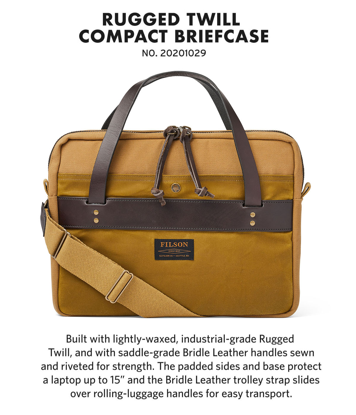 Filson Compact Briefcase Tan, Ontworpen en geweven met Rugged Twill, Filsons meest duurzame, slijtvaste bagagestof