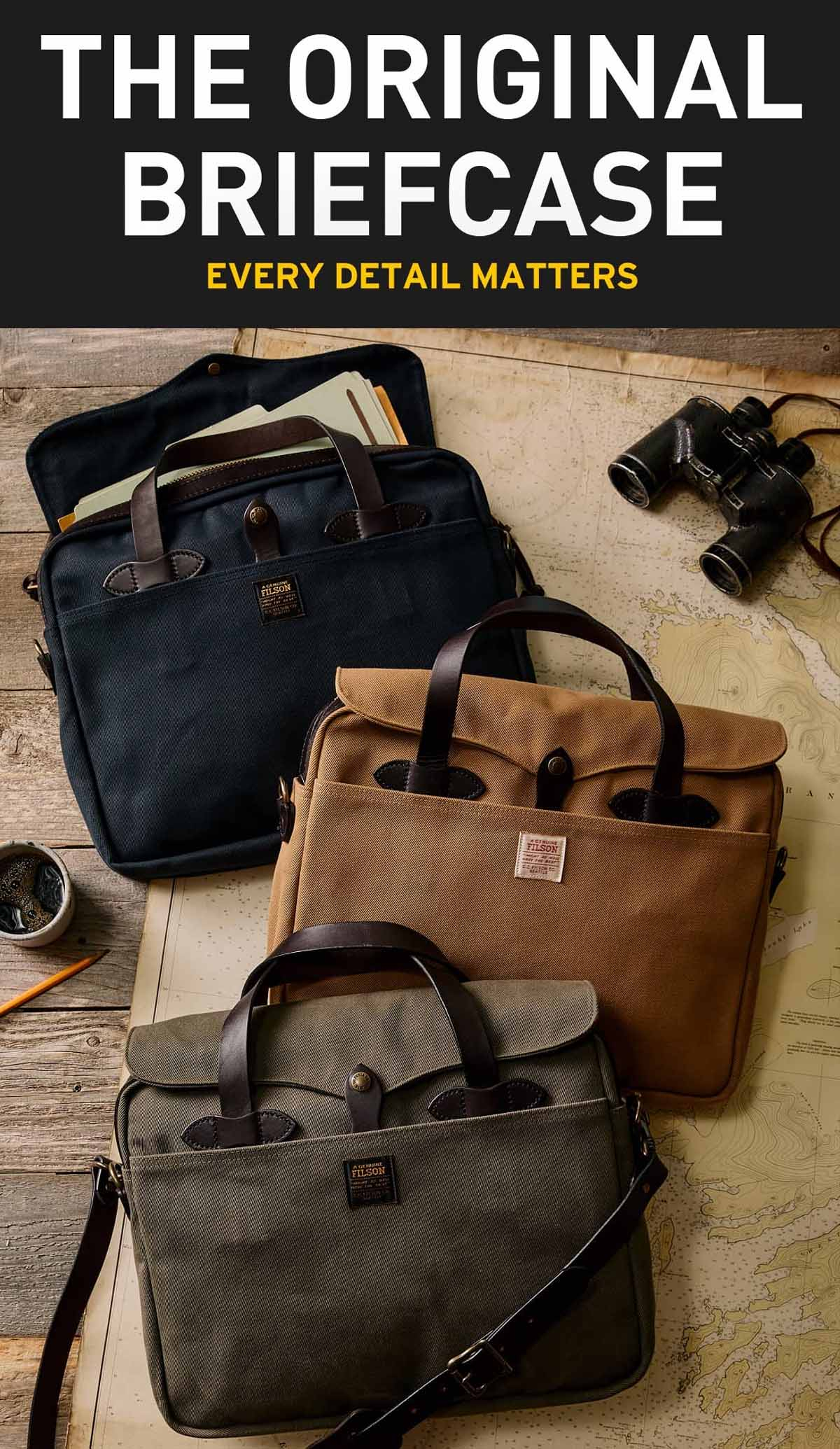 Filson Original Briefcase Navy, Tan en Otter Green, wanneer elk detail telt Filson Original Briefcase Navy, Tan en Otter Green, wanneer elk detail telt