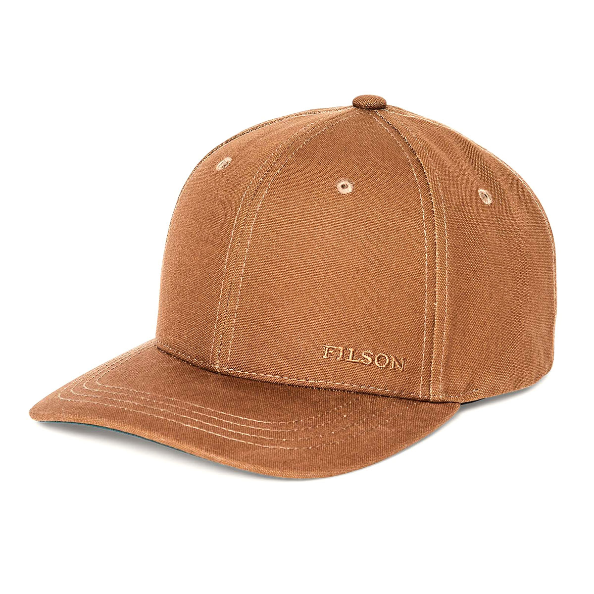 Filson Dry Tin Logger Cap Whiskey, een klassieke trucker-stijl pet gemaakt van stevig canvas Tin Cloth