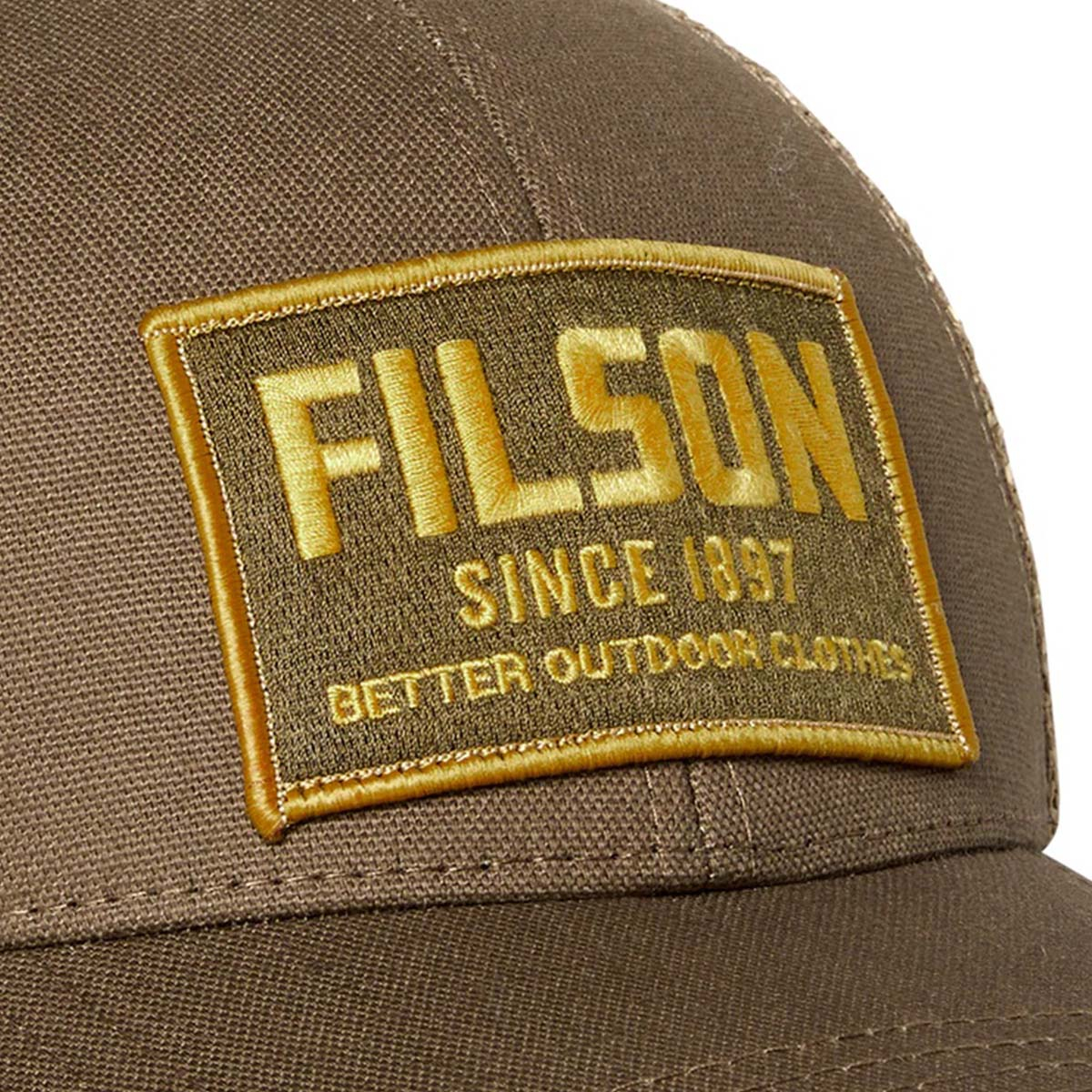 Filson Mesh Snap-Back Logger Cap 20204528-Tobacco/Base Camp, slijtvaste pet met geborduurd Filson logo patch en mesh-zoonbescherming