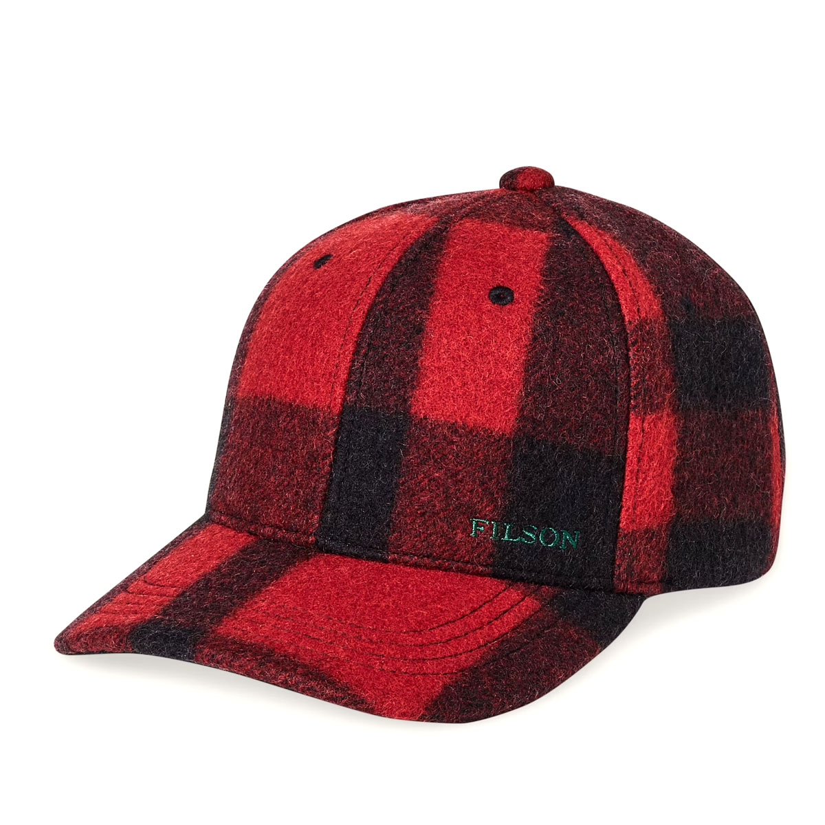 Filson Wool Logger Cap Red/Black Heritage Plaid, Filson's warmste houthakkerspet, gemaakt van weerbestendige Mackinaw Wool