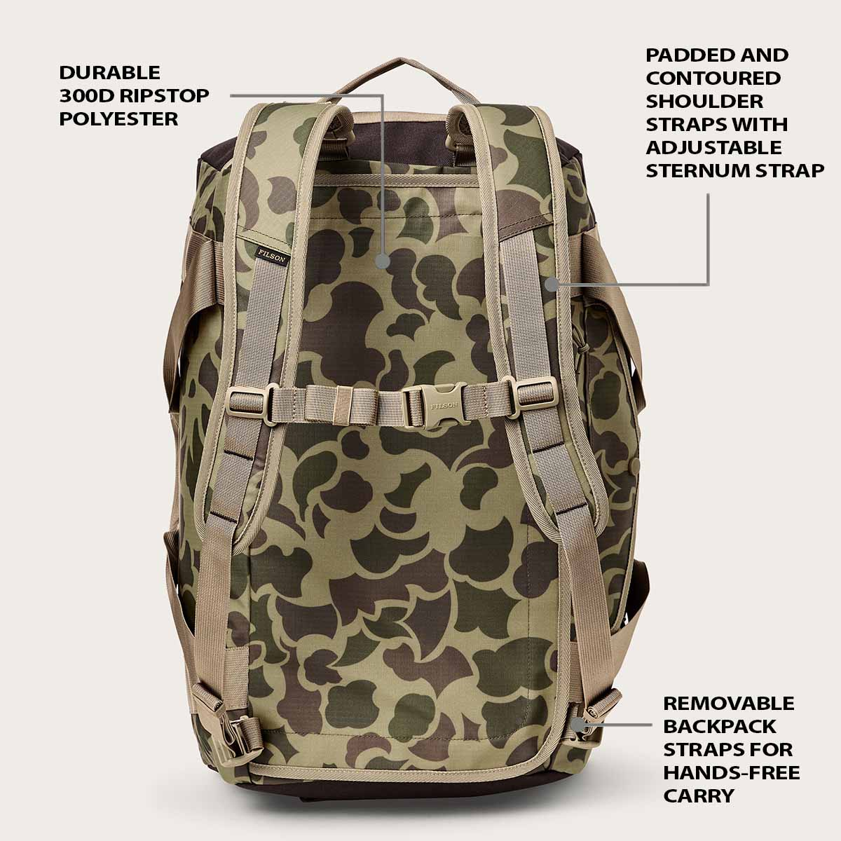 Filson All-Weather 50L Tundra/Shrub/Camo, eigenschappen als backpack uitgelegd