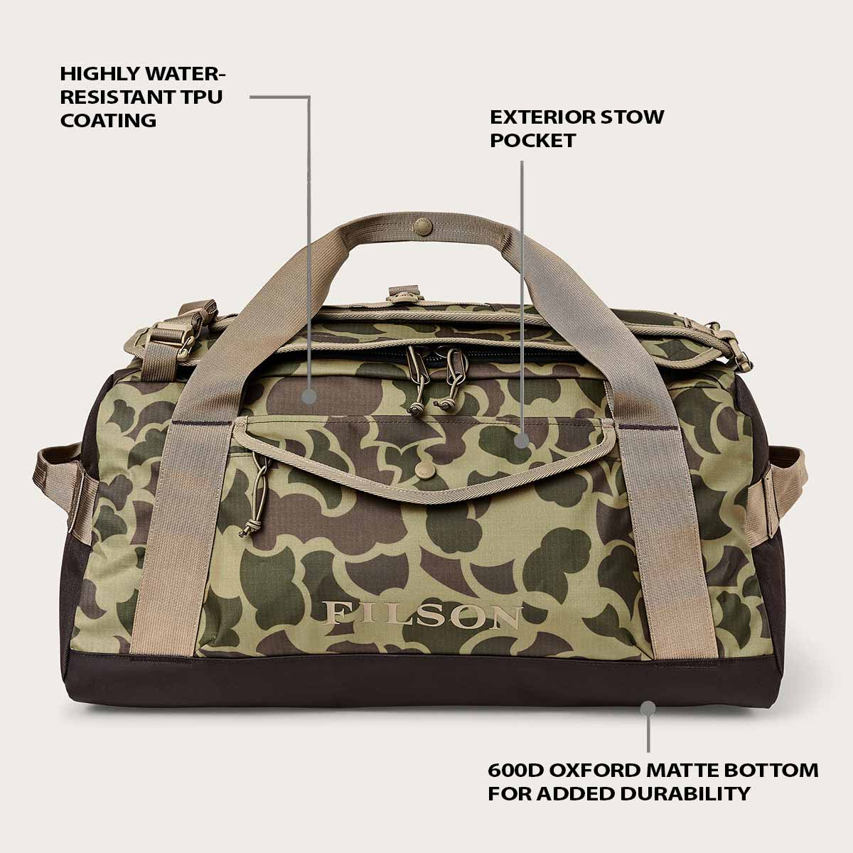 Filson All-Weather 50L Duffle Tundra/Shrub/Camo, eigenschappen uitgelegd voorkant