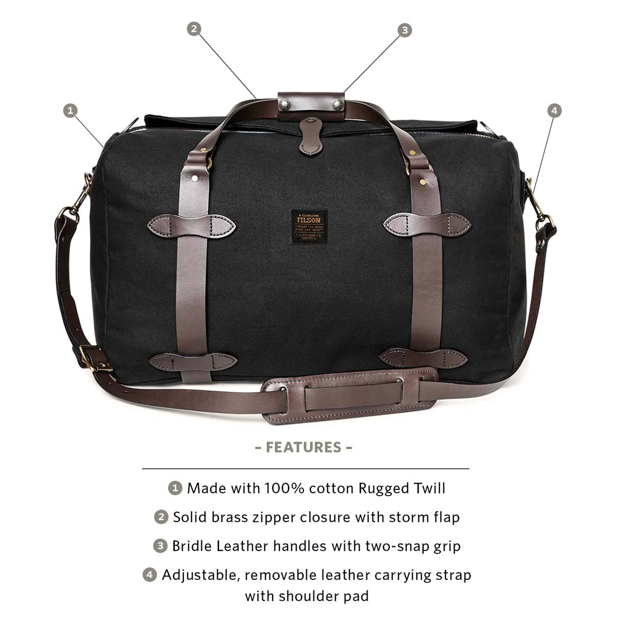 Filson Rugged Twill Duffle Medium Black uitgelegd Filson Rugged Twill Duffle Medium Black uitgelegd