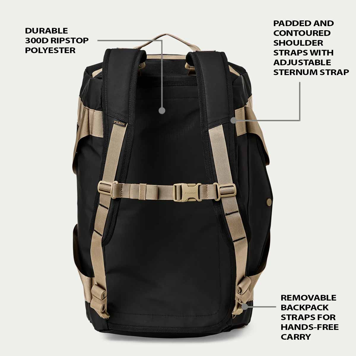 Filson Scout 50L Duffle Black/Covert, eigenschappen als backpack uitgelegd