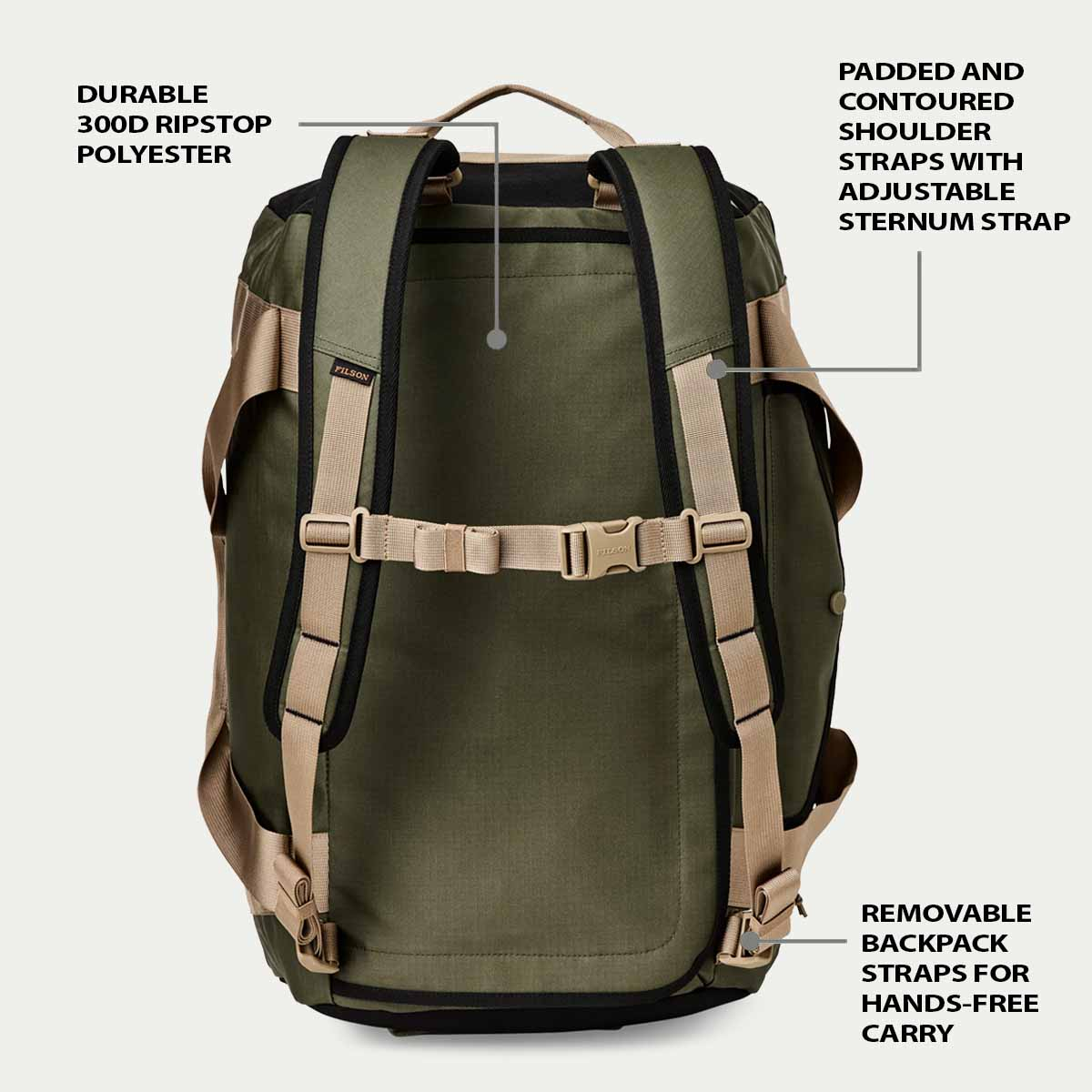 Filson Scout 50L Duffle Olive/Black/Covert, eigenschappen als backpack uitgelegd