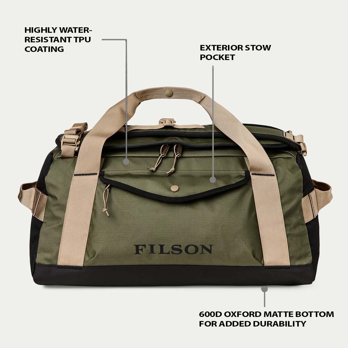 Filson Scout 50L Duffle Olive/Black/Covert, eigenschappen uitgelegd voorkant
