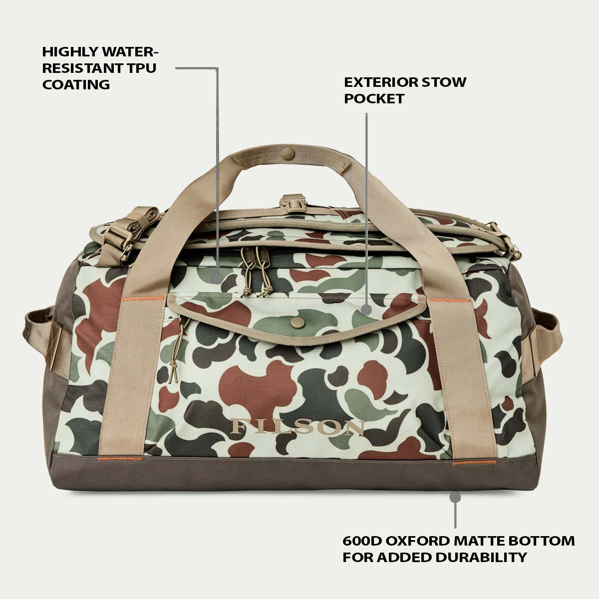 Filson All-Weather 50L Duffle Shrub Camo/Canteen/Covert, eigenschappen uitgelegd voorkant