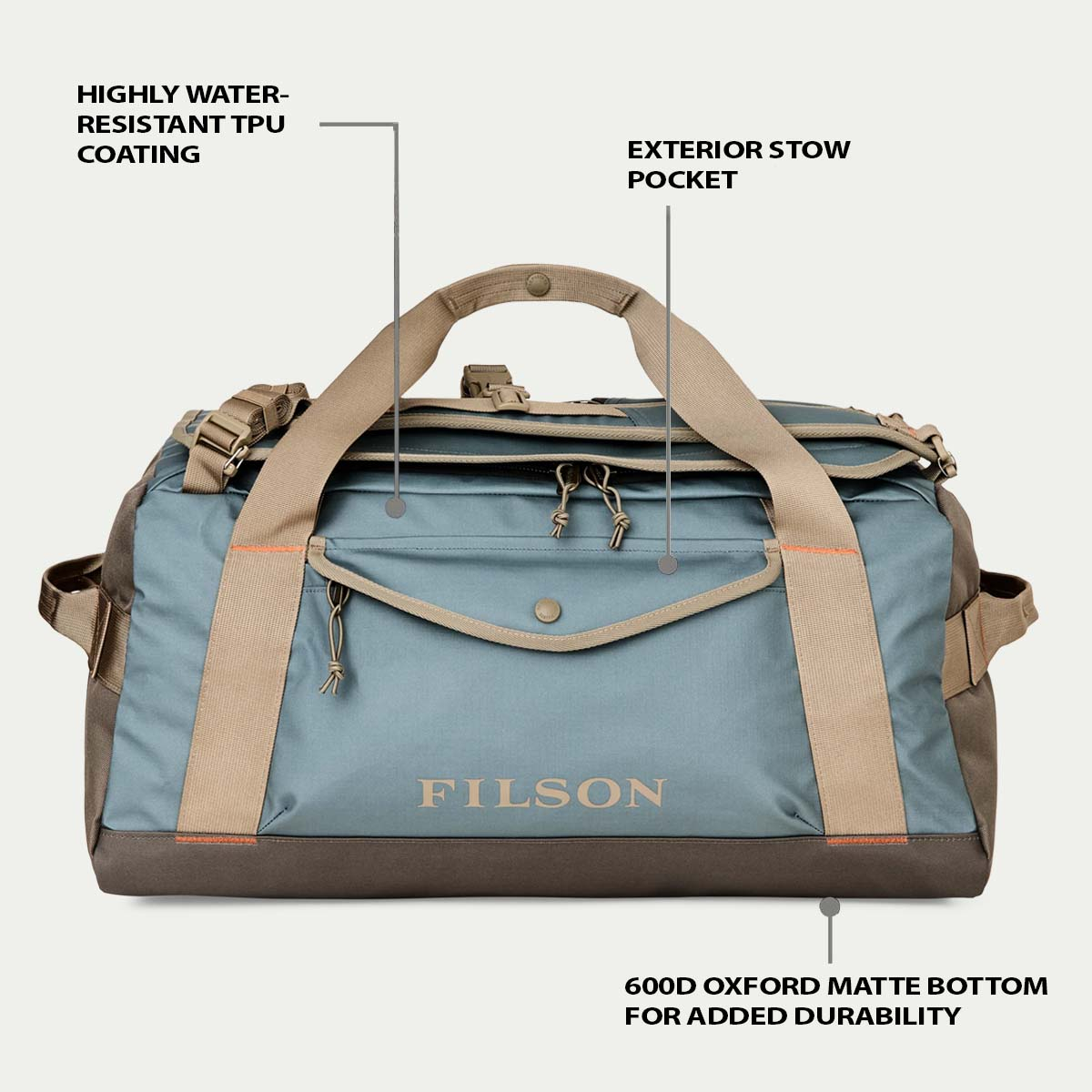 Filson Scout 50L Duffle Slate/Canteen/Covert, eigenschappen uitgelegd voorkant