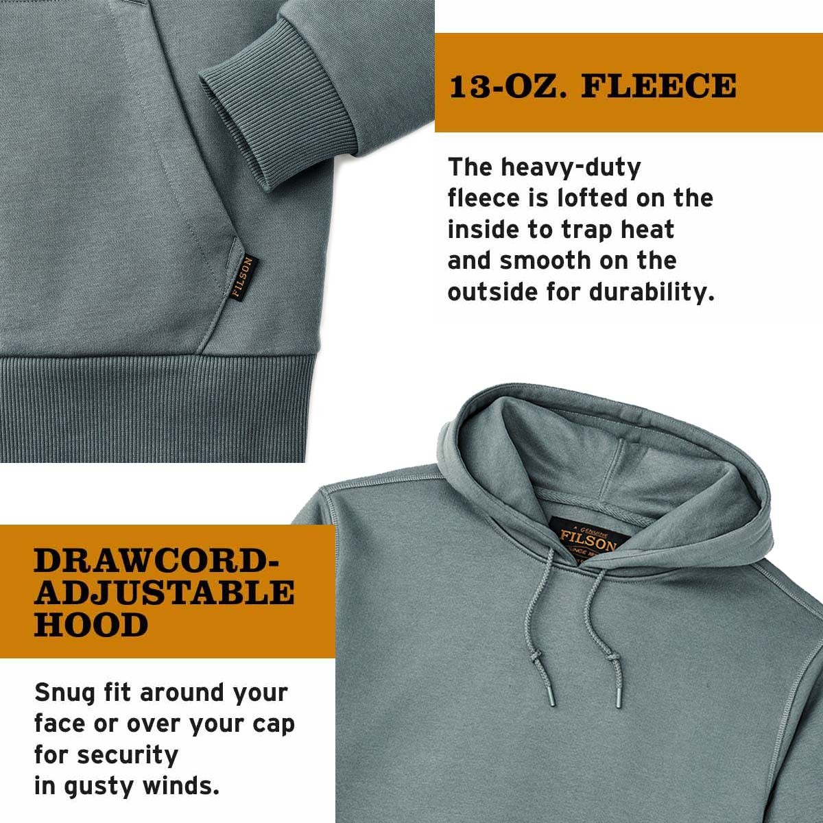 Filson Prospector Hoodie Balsam Green, een koel-weer basic gemaakt voor de lange termijn, gemaakt van stevig 13-oz. fleece