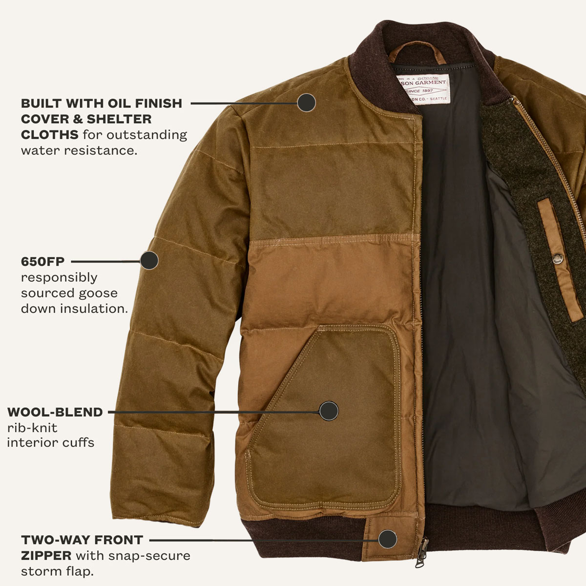 Filson Down Bomber Jacket Dark Tan, kenmerken Filson Down Bomber Jacket Dark Tan, kenmerken