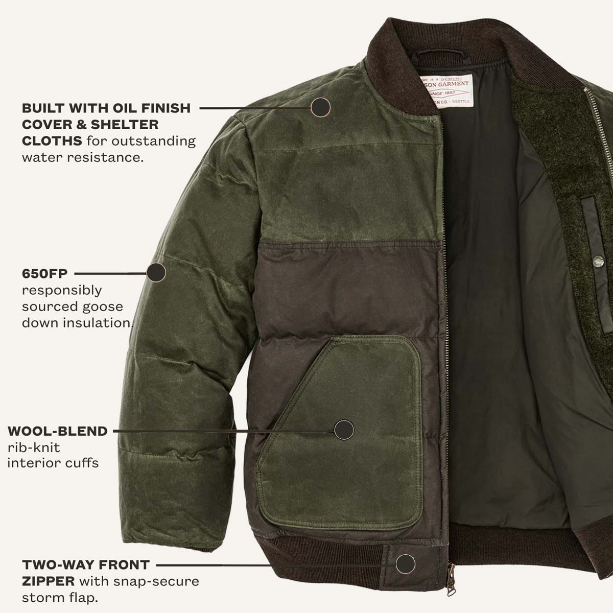 Filson Down Bomber Jacket Otter Green, kenmerken Filson Down Bomber Jacket Otter Green, kenmerken