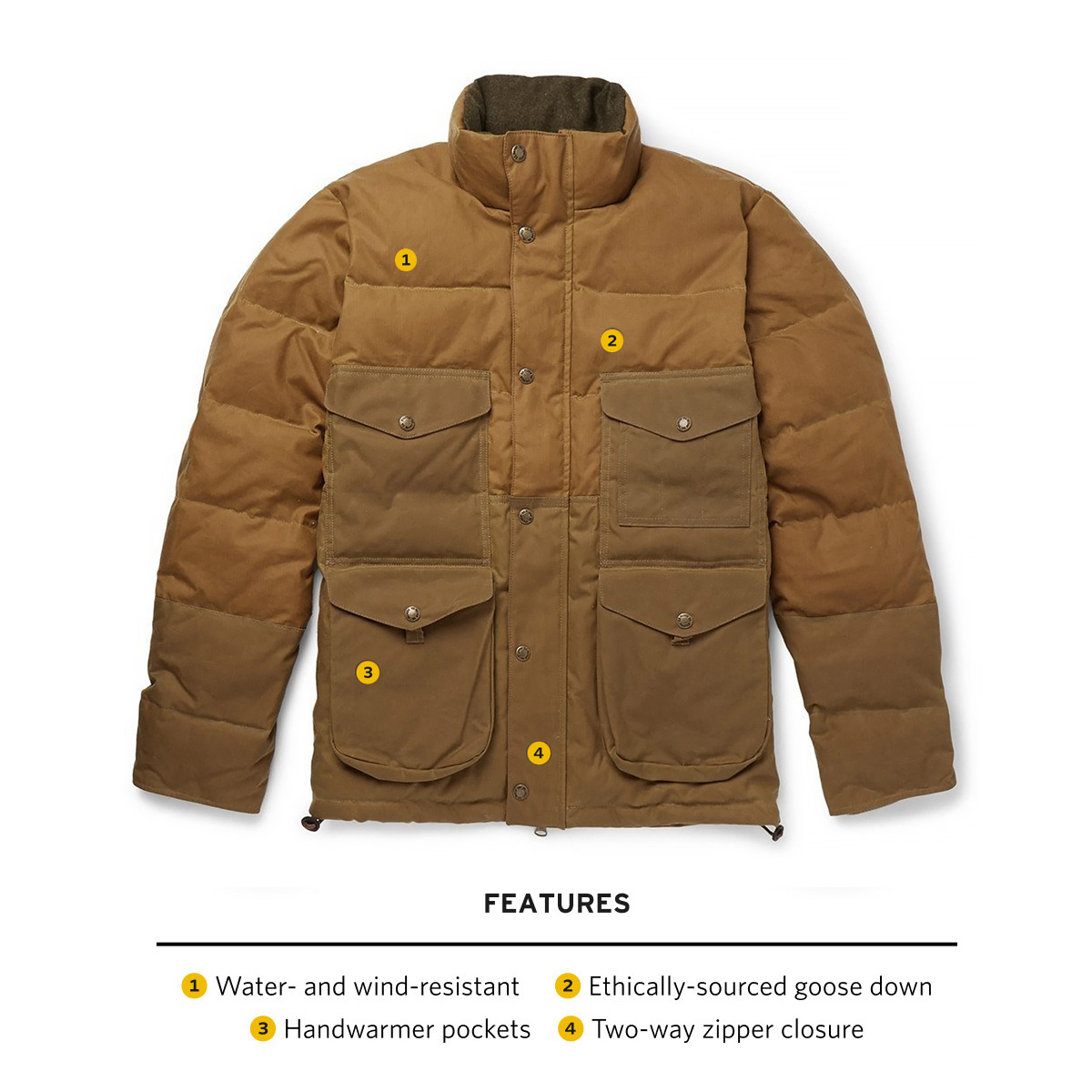 Filson Down Cruiser Jacket Dark Tan, features