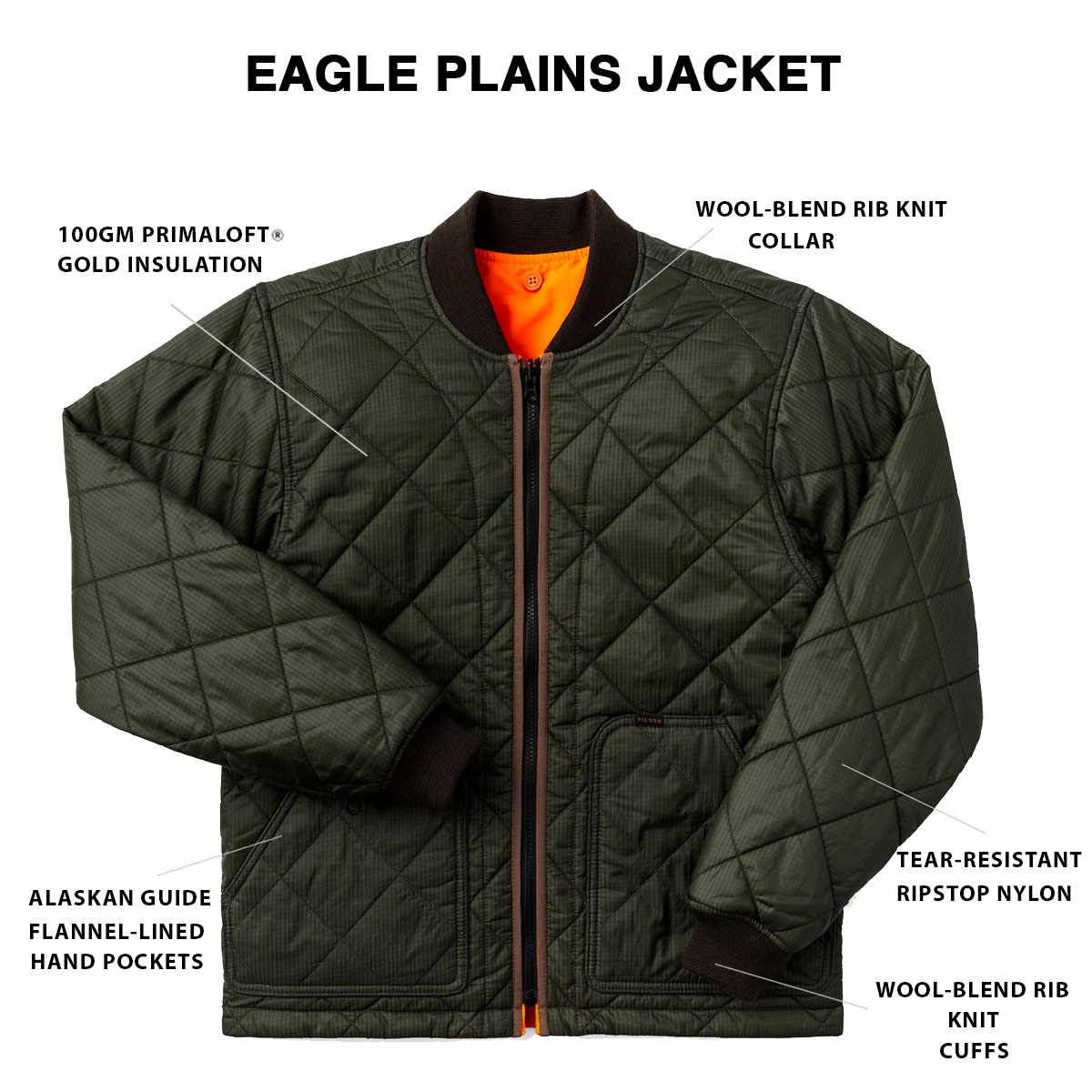 Filson Eagle Plains Jacket Liner Surplus Green Blaze, lichtgewicht jas met uitzonderlijke warmte-gewichtsverhouding
