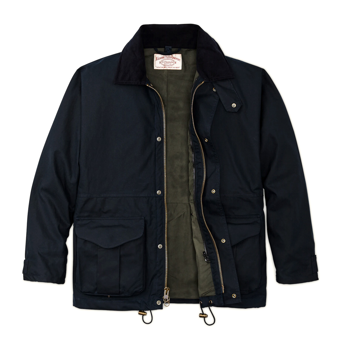 Filson Foul Weather Jacket Harbor Blue, een klassieke regenjas van gewaxt katoen met verbeterde pasvorm en stevige stof