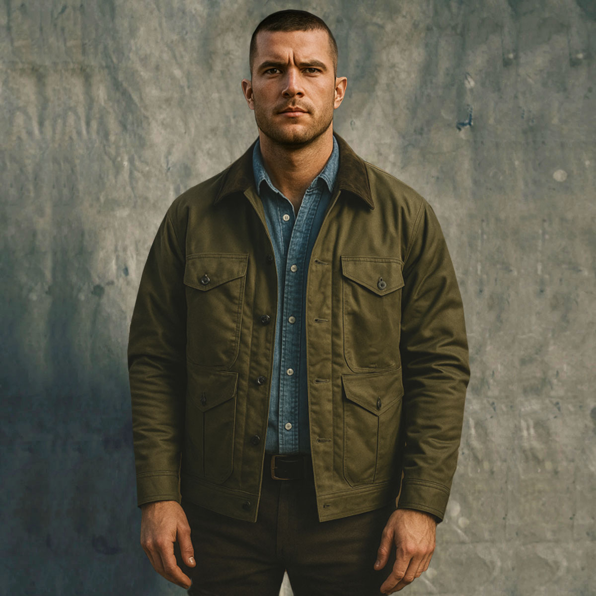 Filson Journeyman Jacket Otter Green draagfoto vooraanzicht
