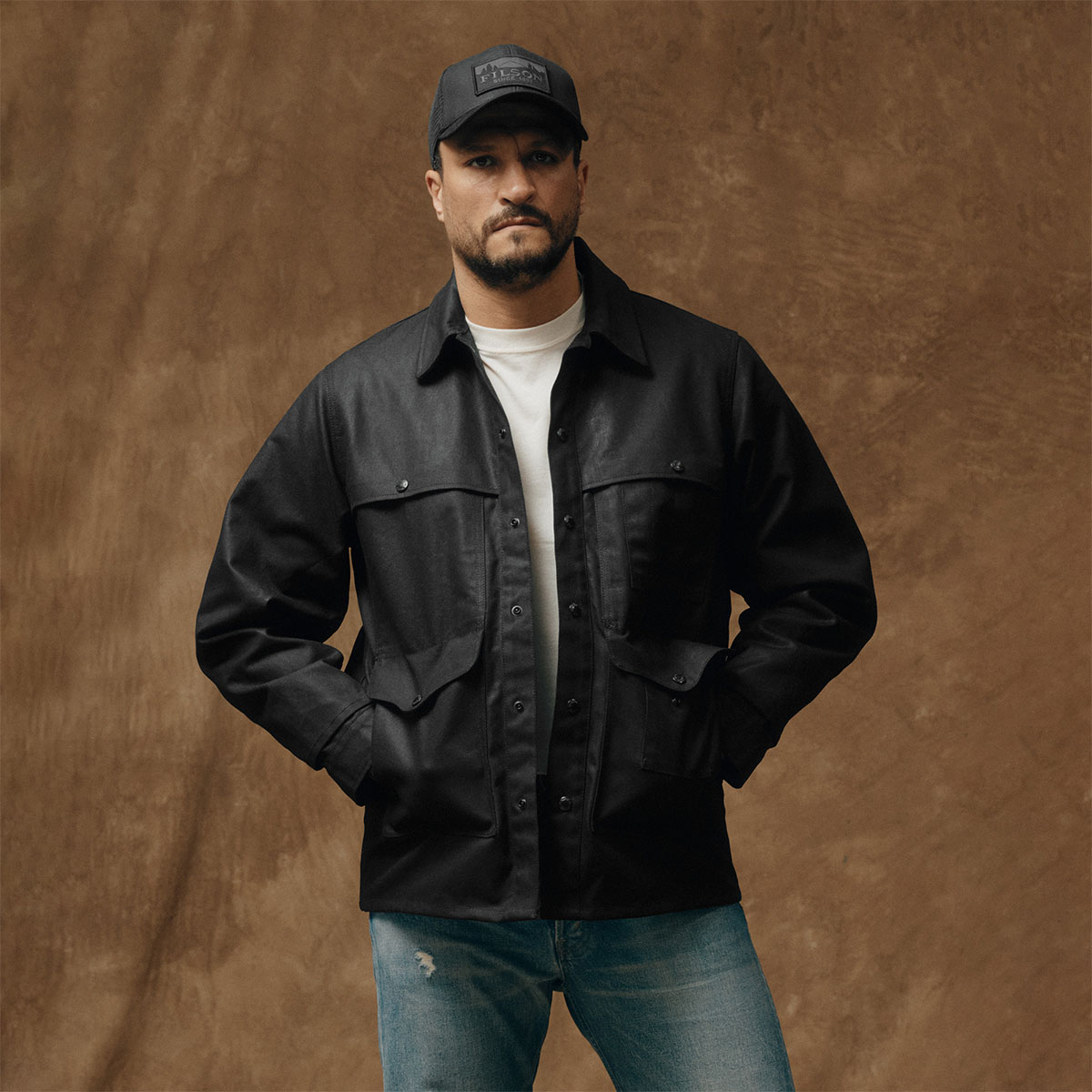 Filson Lined Tin Cloth Cruiser Jacket Black, waterafstotende, slijtvaste werk jas Filson Lined Tin Cloth Cruiser Jacket Black, waterafstotende, slijtvaste werk jas