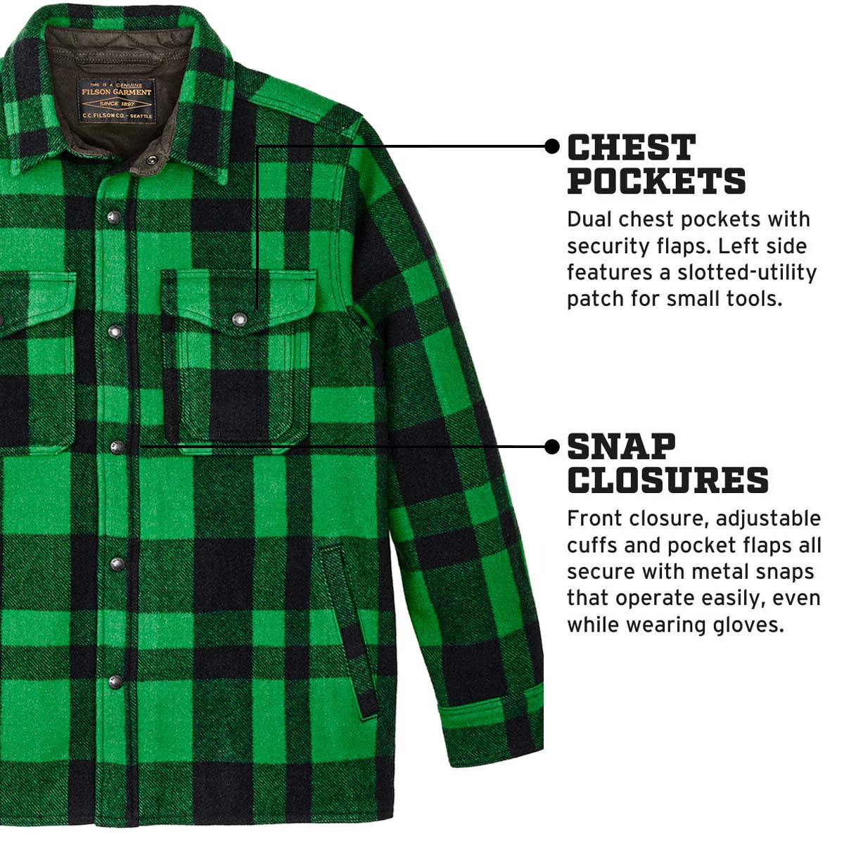 Filson Mackinaw Wool Jac Shirt Acid Green/Black Heritage Plaid, features