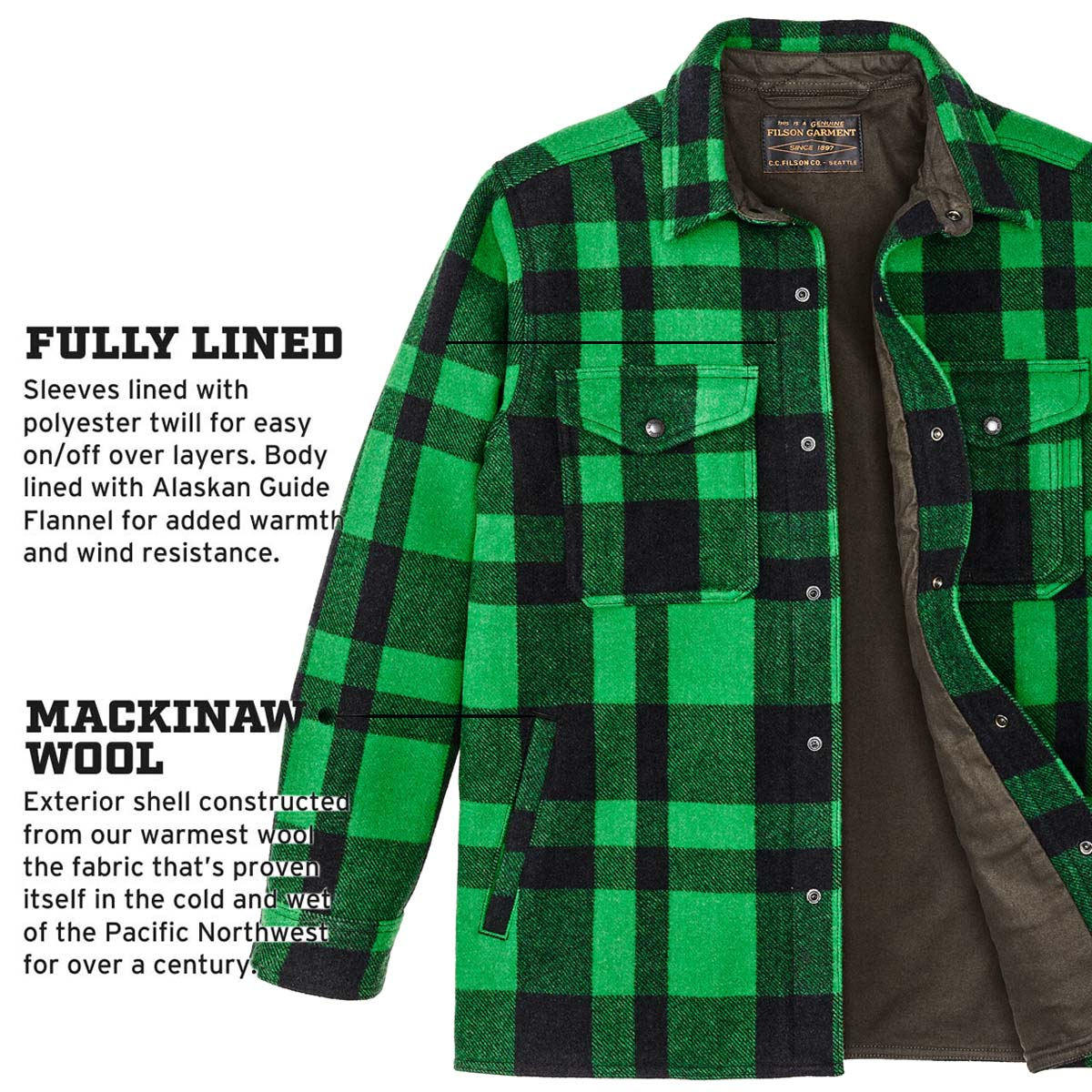 Filson Mackinaw Wool Jac Shirt Acid Green/Black Heritage Plaid, features
