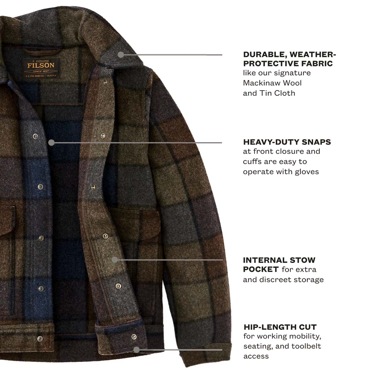 Filson Mackinaw Wool Work Jacket Blue/Brown/Gray Plaid, Snap Closures and Chest Pockets