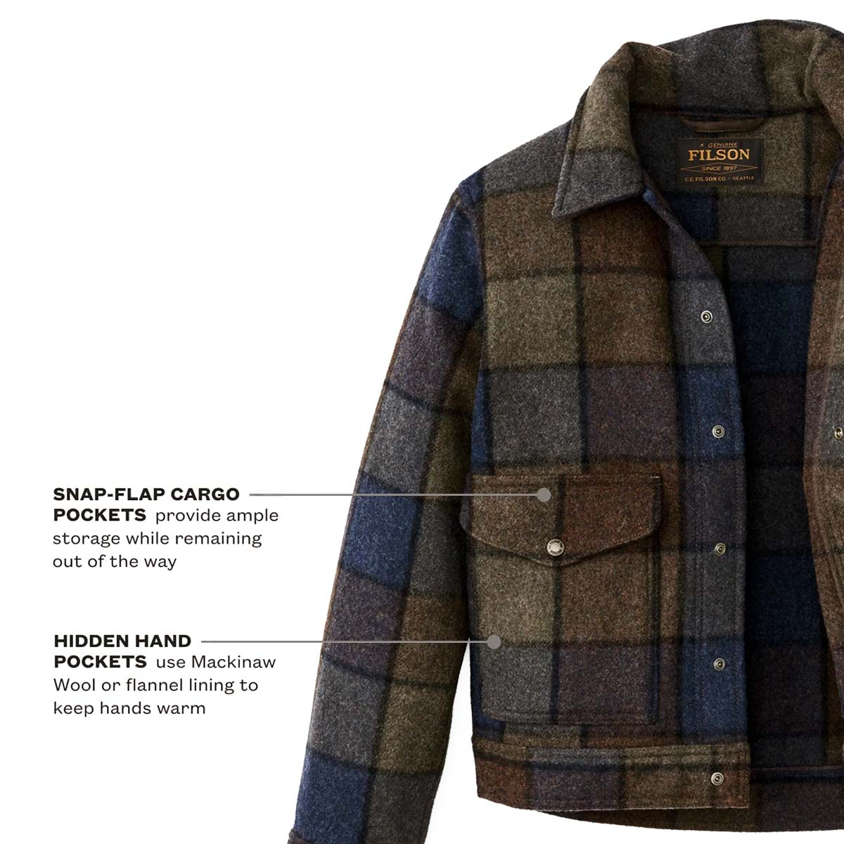 Filson Mackinaw Wool Work Jacket Blue/Brown/Gray Plaid, gemaakt uit Legendary Mackinaw Wool