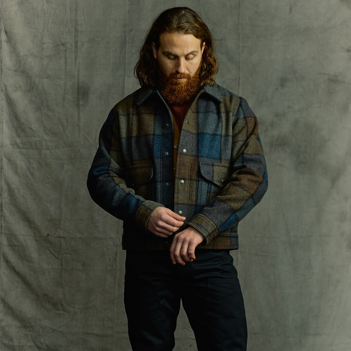 Blue/Brown/Gray Plaid, warme, zeer duurzame en functionele wollen jas