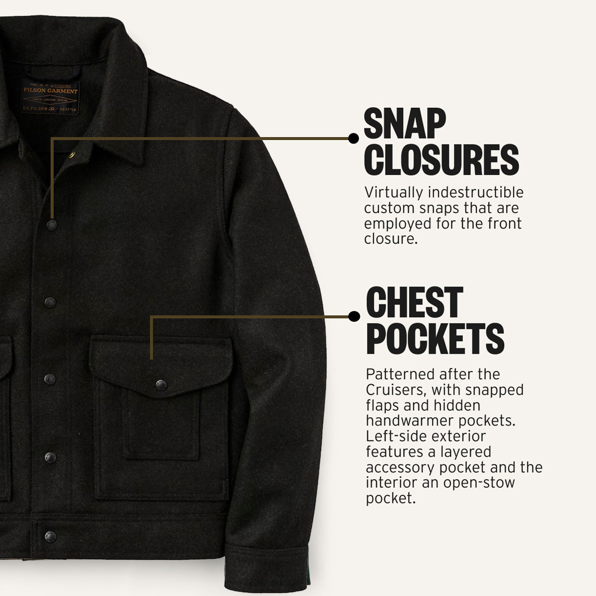 Filson Mackinaw Wool  Work Jacket Pine Black Plaid, Snap Closures and Chest Pockets