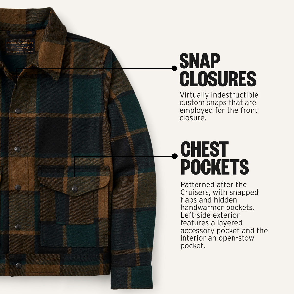 Filson Mackinaw Wool  Work Jacket Pine Black Plaid, Snap Closures and Chest Pockets