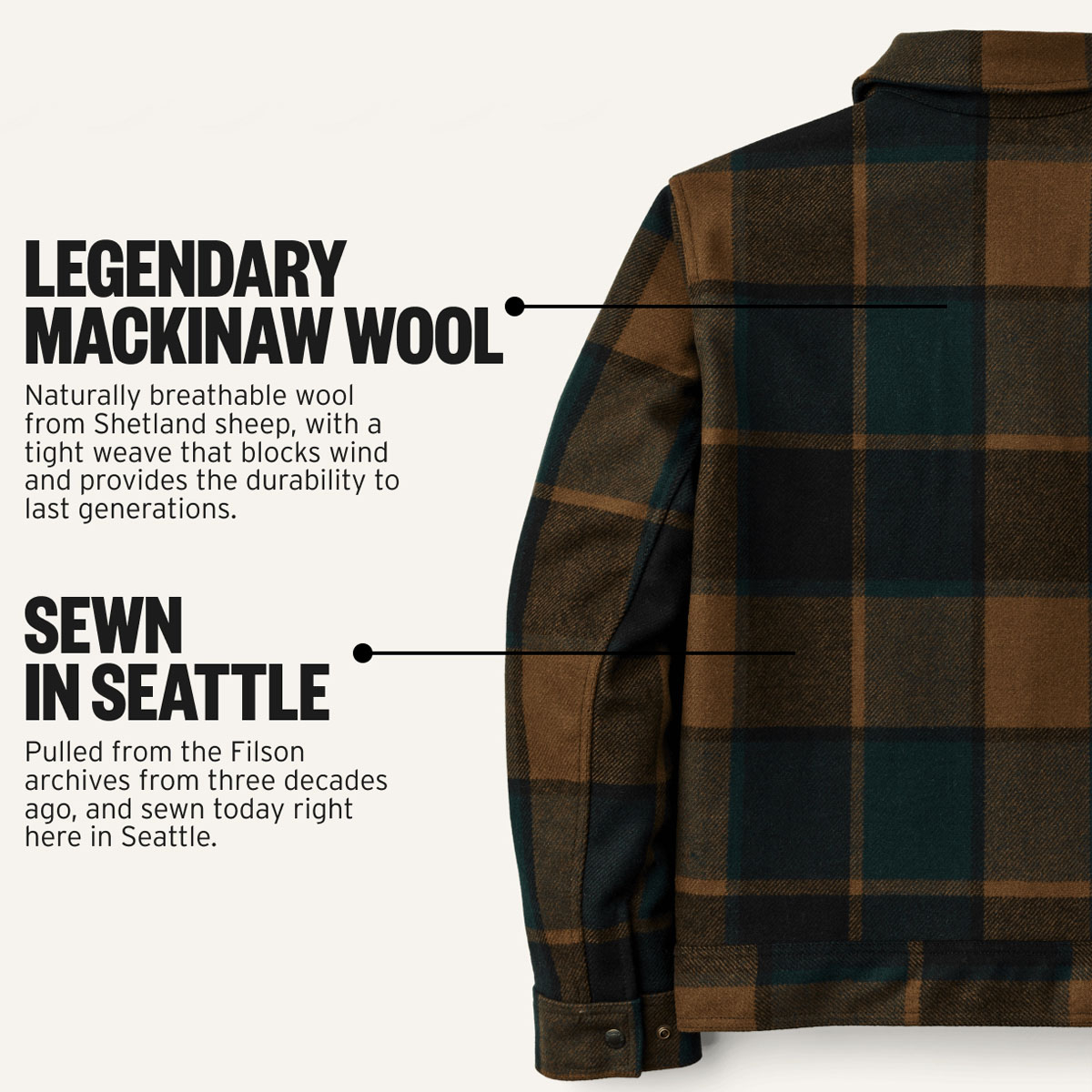 Filson Mackinaw Wool Work Jacket Pine Black Plaid, Legendary Mackinaw Wool and Sewn in Seattle