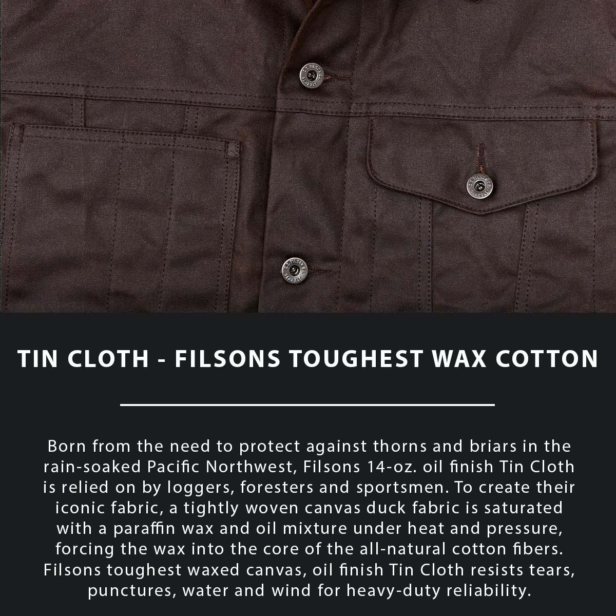 Filson Tin Cloth Short Lined Cruiser Jacket Dark Brown, gemaakt van het legendarische supersterke, lichtgewicht, en olie geïmpregneerde 14-oz. 'Tin Cloth' canvas