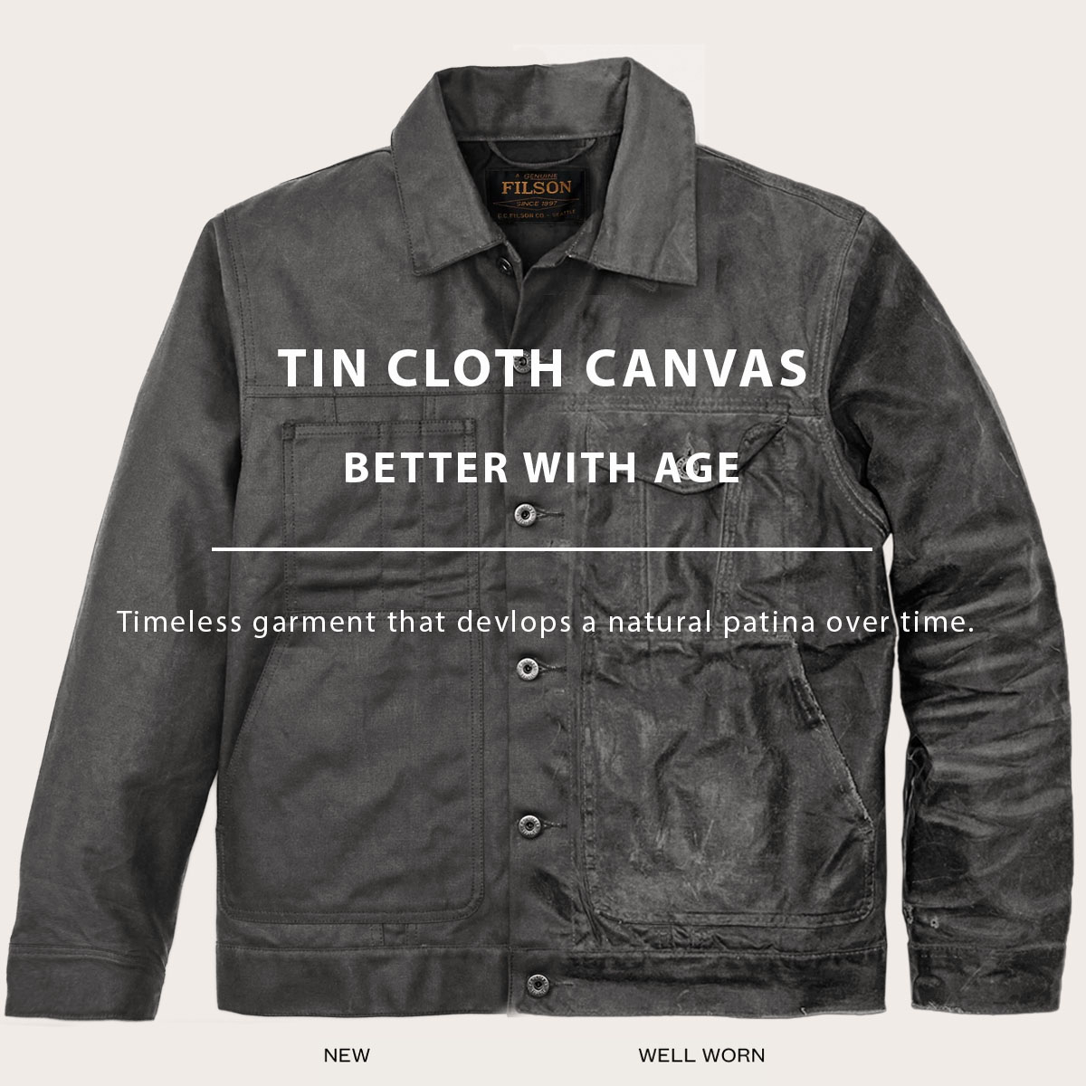 Filson Tin Cloth Short Lined Cruiser Jacket Castor Gray, beter met de jaren, tijdloos design dat na verloop van tijd een natuurlijk patina ontwikkelt Filson Tin Cloth Short Lined Cruiser Jacket Castor Gray, beter met de jaren, tijdloos design dat na verloop van tijd een natuurlijk patina ontwikkelt