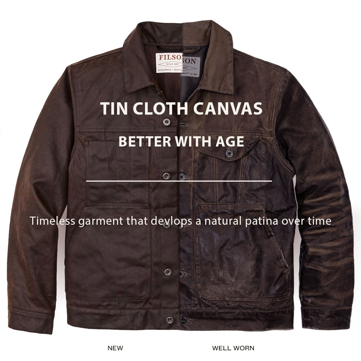 Filson Tin Cloth Short Lined Cruiser Jacket Dark Brown, beter met de jaren, tijdloos design dat na verloop van tijd een natuurlijk patina ontwikkelt