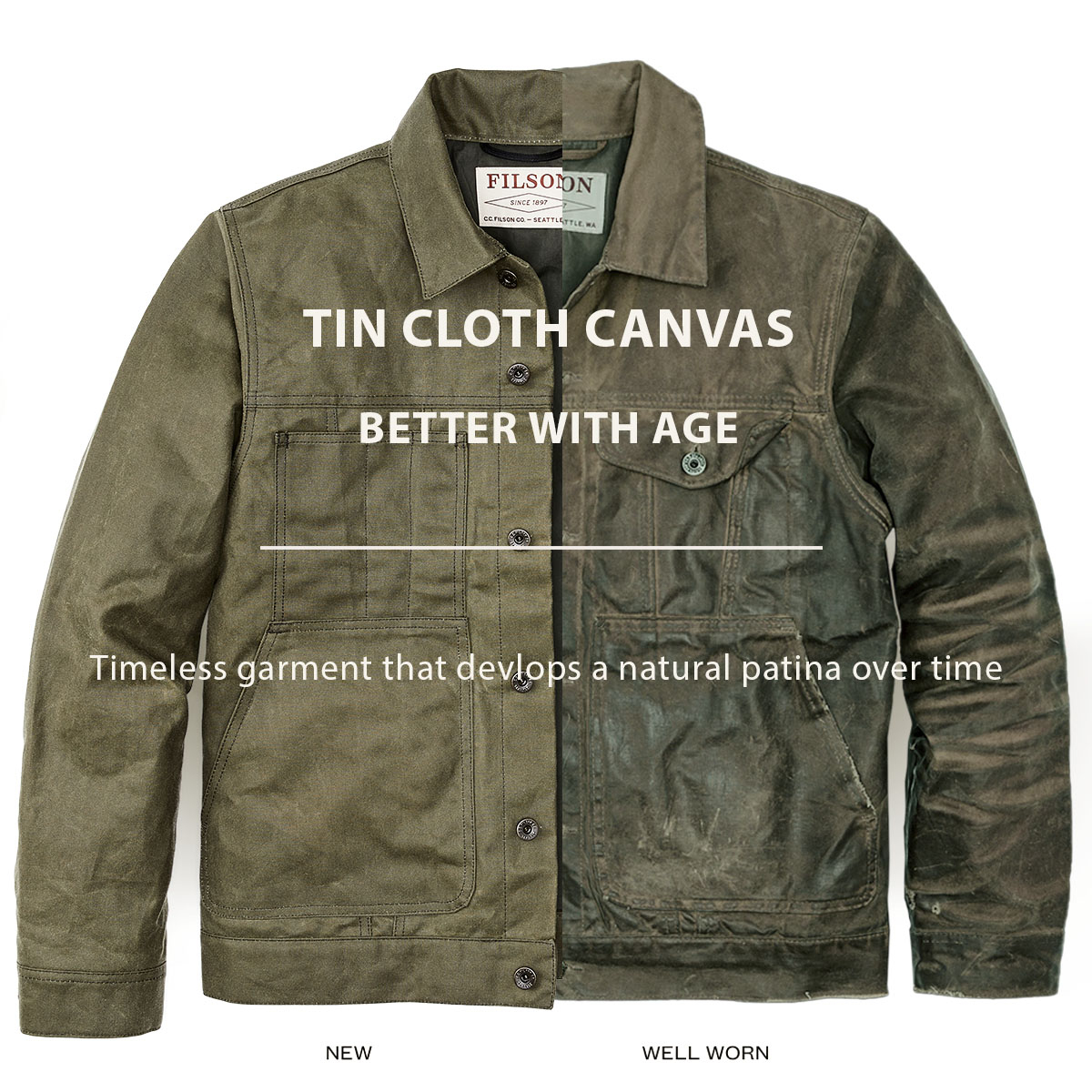 Filson Tin Cloth Short Lined Cruiser Jacket Military Green, beter met de jaren, tijdloos design dat na verloop van tijd een natuurlijk patina ontwikkelt