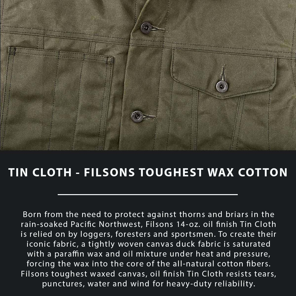 Filson Tin Cloth Short Lined Cruiser Jacket Military Green, gemaakt van het legendarische supersterke, lichtgewicht, en olie geïmpregneerde 14-oz. 'Tin Cloth' canvas