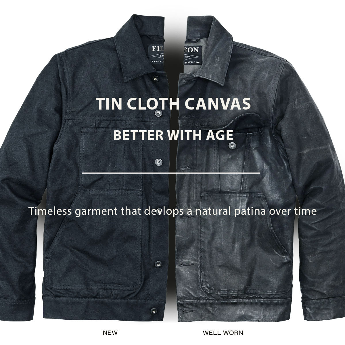 Filson Tin Cloth Short Lined Cruiser Jacket Black, beter met de jaren, tijdloos design dat na verloop van tijd een natuurlijk patina ontwikkelt