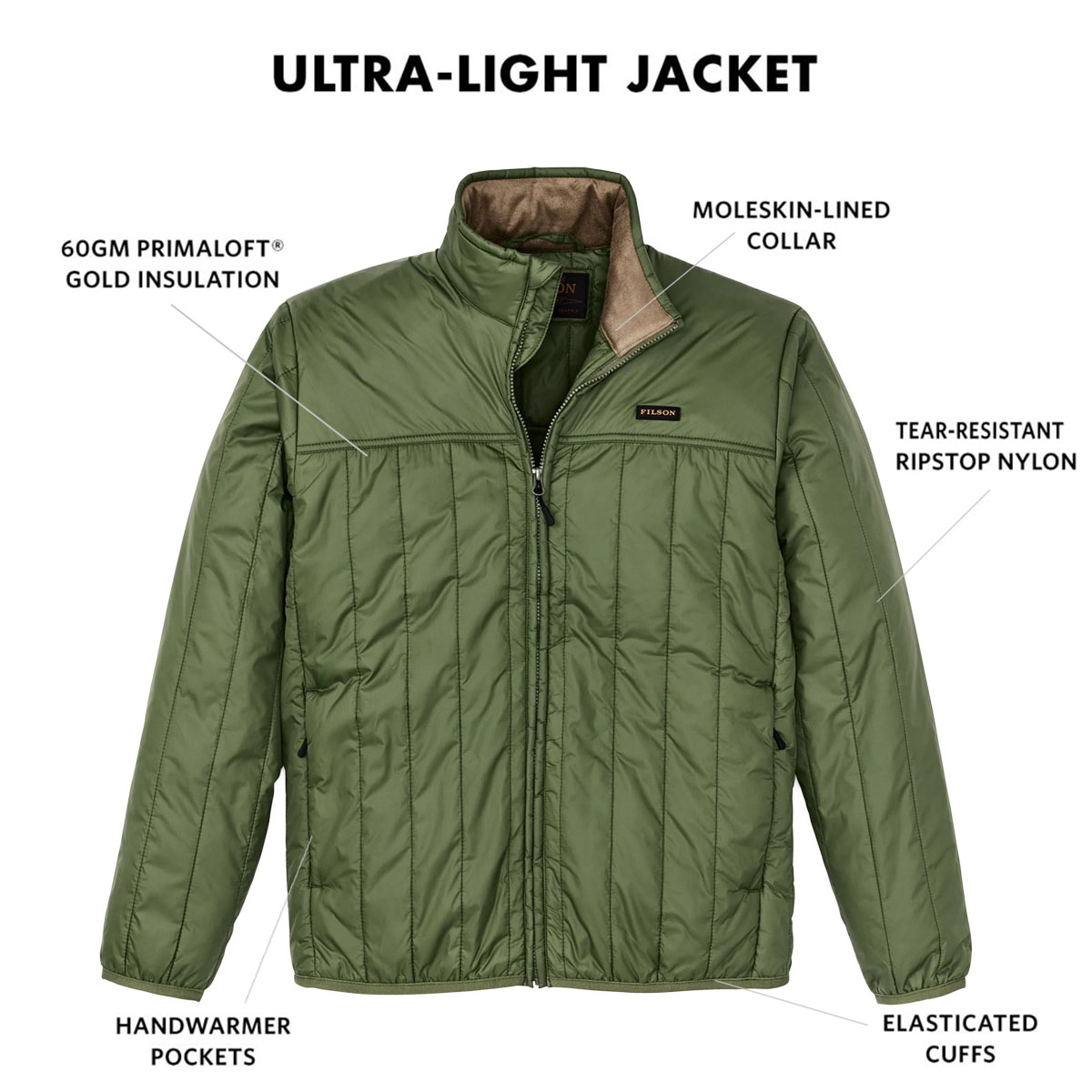 Filson Ultralight Jacket Cypress, met Cordura® Ripstop nylon en 60gm PrimaLoft® Gold isolatie