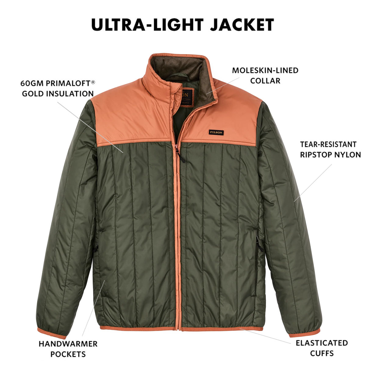 Filson Ultralight Jacket Dark Forest/Bourbon, met Cordura® Ripstop nylon en 60gm PrimaLoft® Gold isolatie