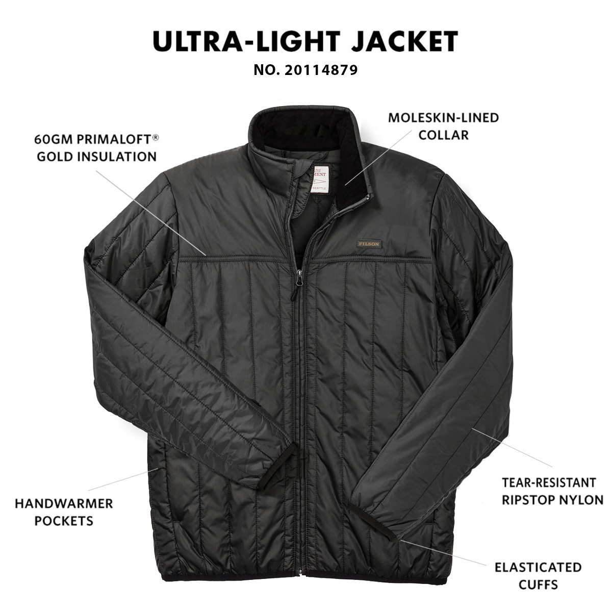 Filson Ultralight Jacket Raven, met Cordura® Ripstop nylon en 60gm PrimaLoft® Gold isolatie