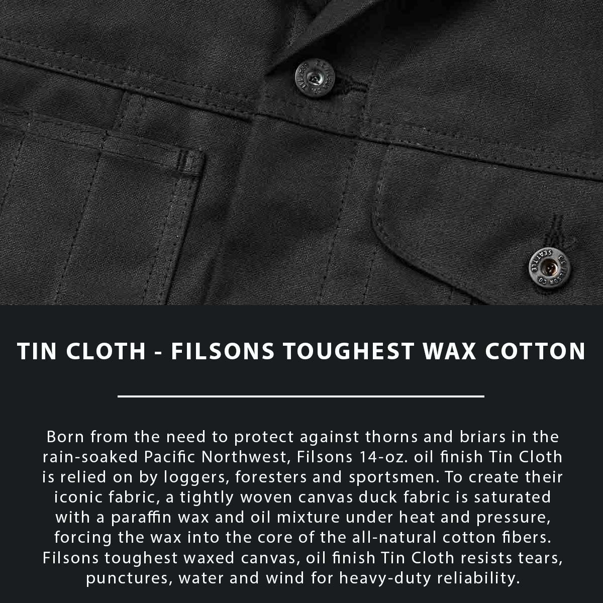 Filson Tin Cloth Work Jacket Black, gemaakt van het legendarische supersterke, lichtgewicht en met olie geïmpregneerde 14-oz. Tin Cloth canvas