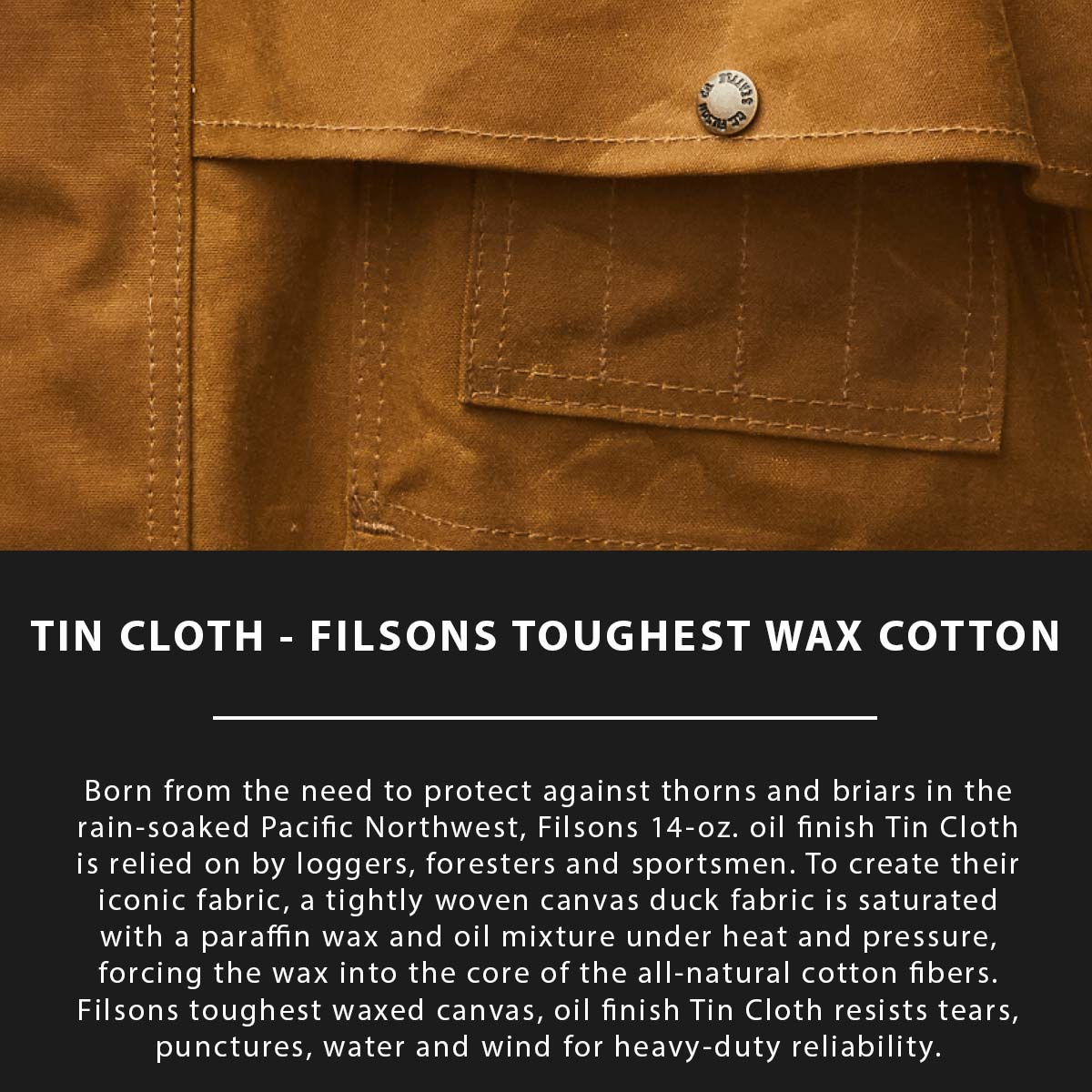 Filson Tin Cloth Insulated Packer Coat Dark Tan, made of the legendary super strong, lightweight, and oil impregnated 14-oz. Tin Cloth canvas