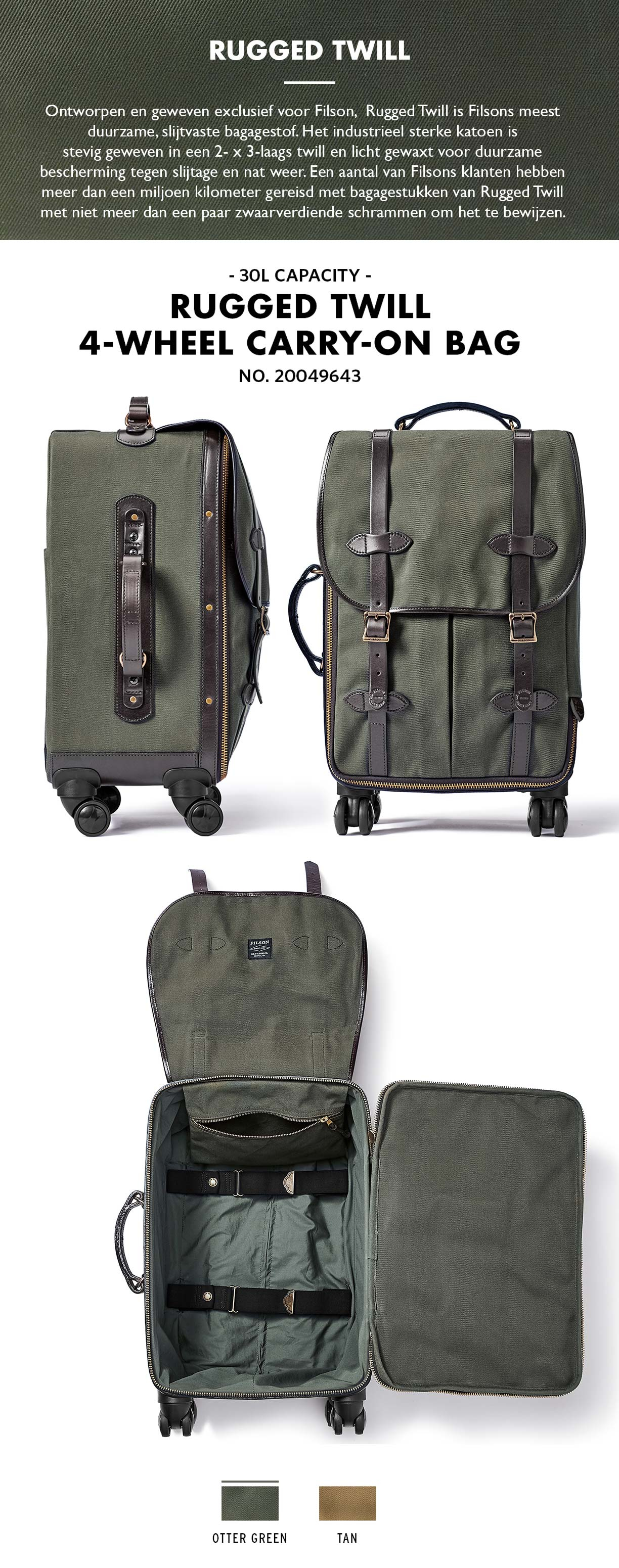 Filson Rolling 4Wheel CarryOn Bag Otter Green, Rugged Twill
