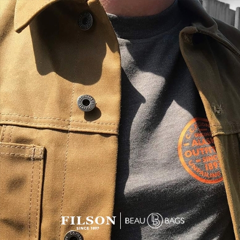 Filson Tin Cloth Short Lined Cruiser Jacket Dark Tan, waterafstotende, slijtvaste werk jas