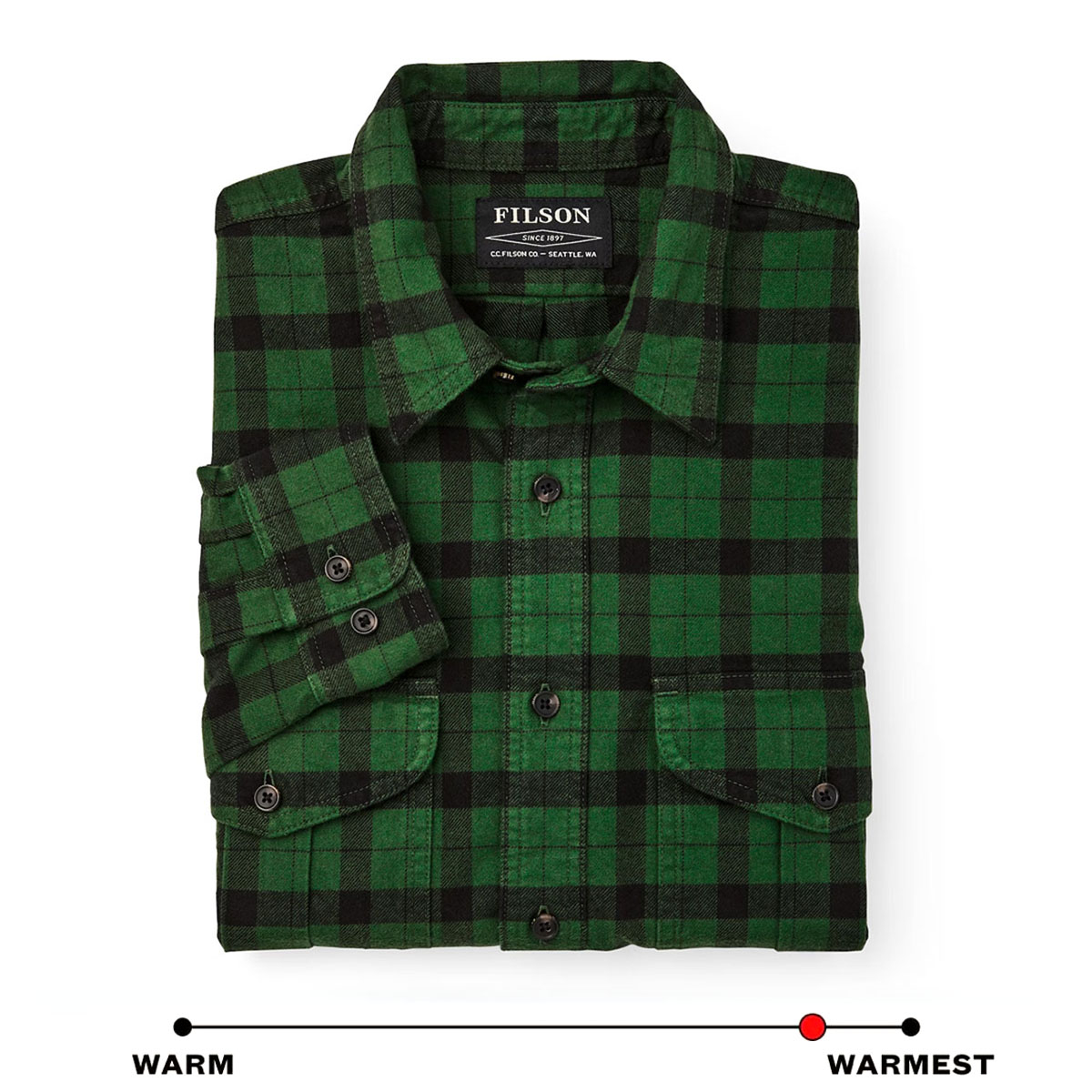 Filson Alaskan Guide Shirt Bottle Green Black, dit iconische, ademende flanellen overhemd heeft een geplooide rug voor extra bewegingsvrijheid
