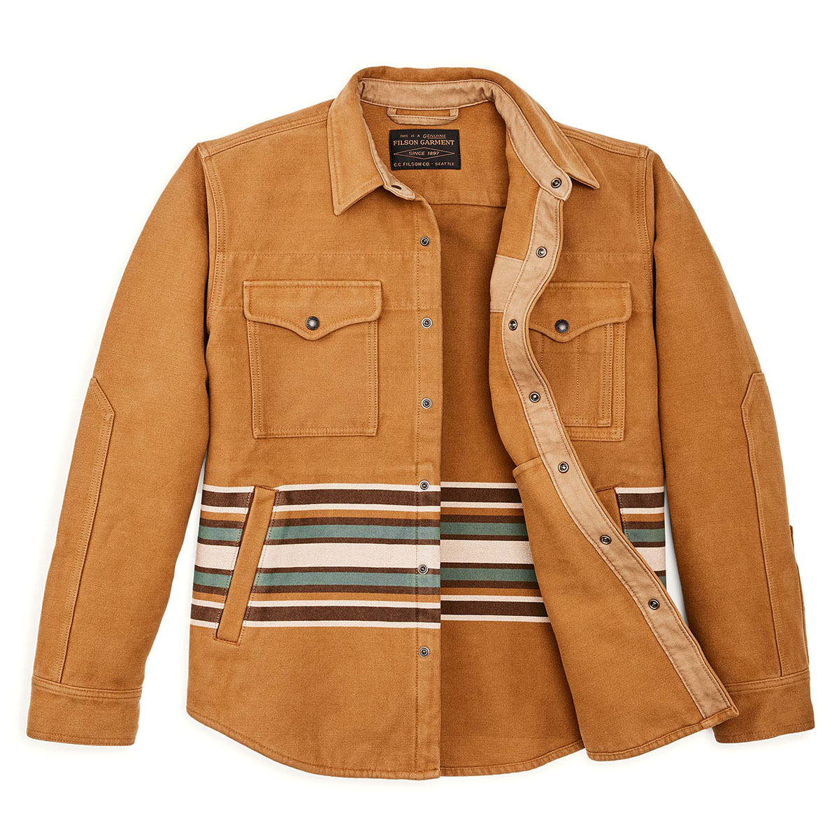 Filson Beartooth Jac-Shirt Golden Brown Multi Stripe, een warm en comfortabel 3-seizoenenoverhemd